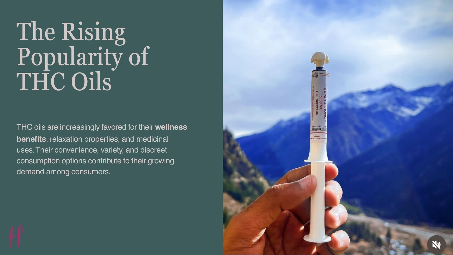 Rising Popularity of THC Oils”; hand holds THC oil applicator syringe with mountains in the background